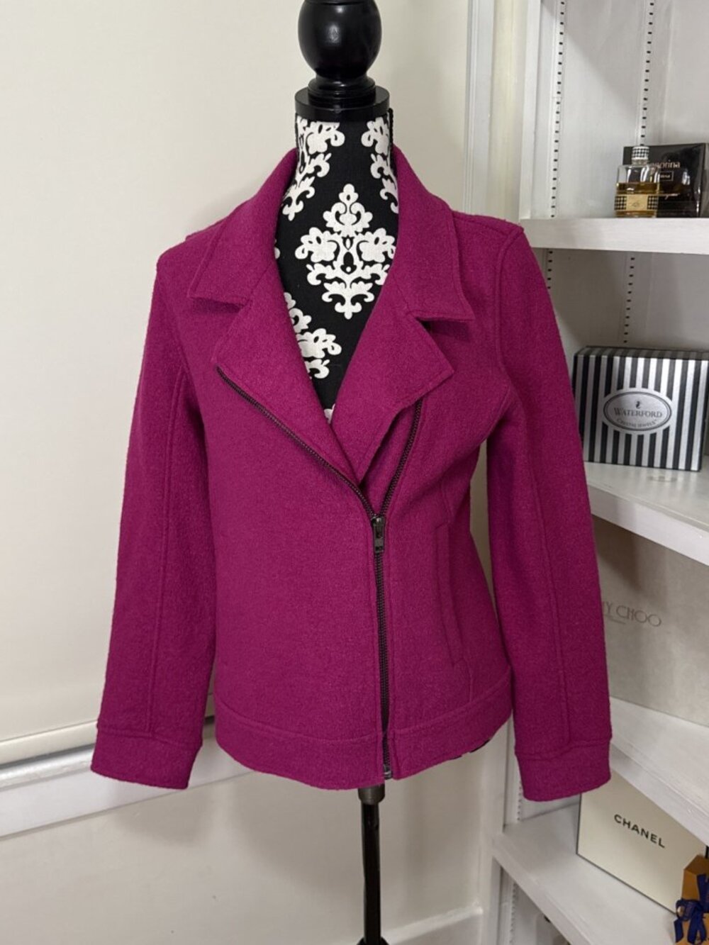 Tahari Women's Boiled Wool Blend Moto Jacket Size M Magenta Pockets